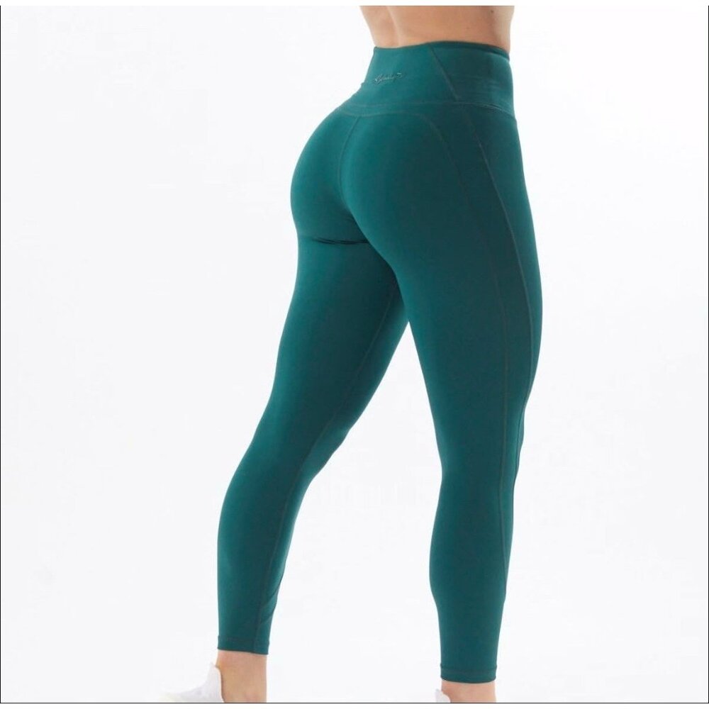 Alphalete sage green high waisted leggings with stripe down the side
